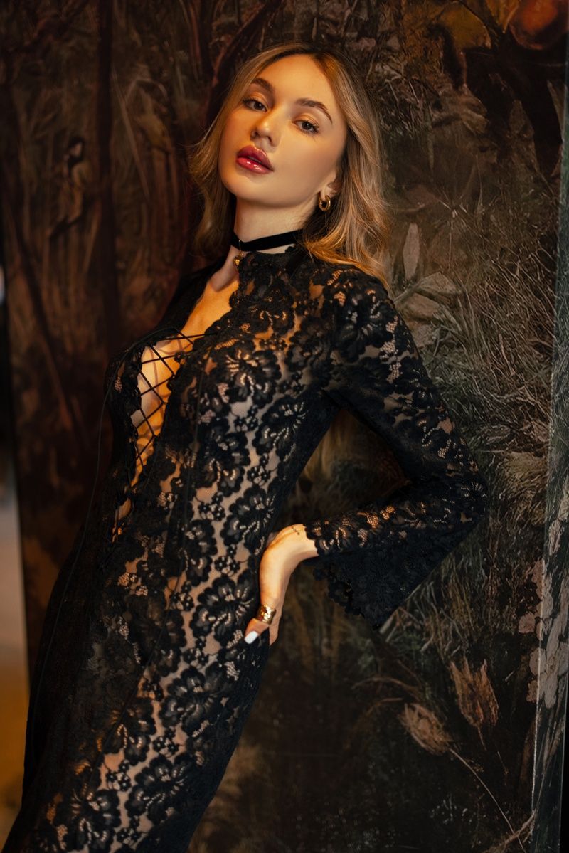 ADARA Black Lace Maxi Dress, S-M