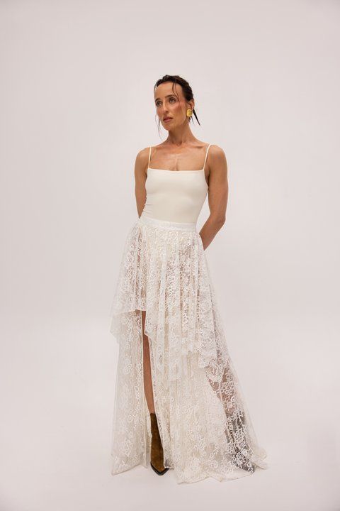 ADARA Asymmetric Maxi Skirt with Cream Lace, S-M