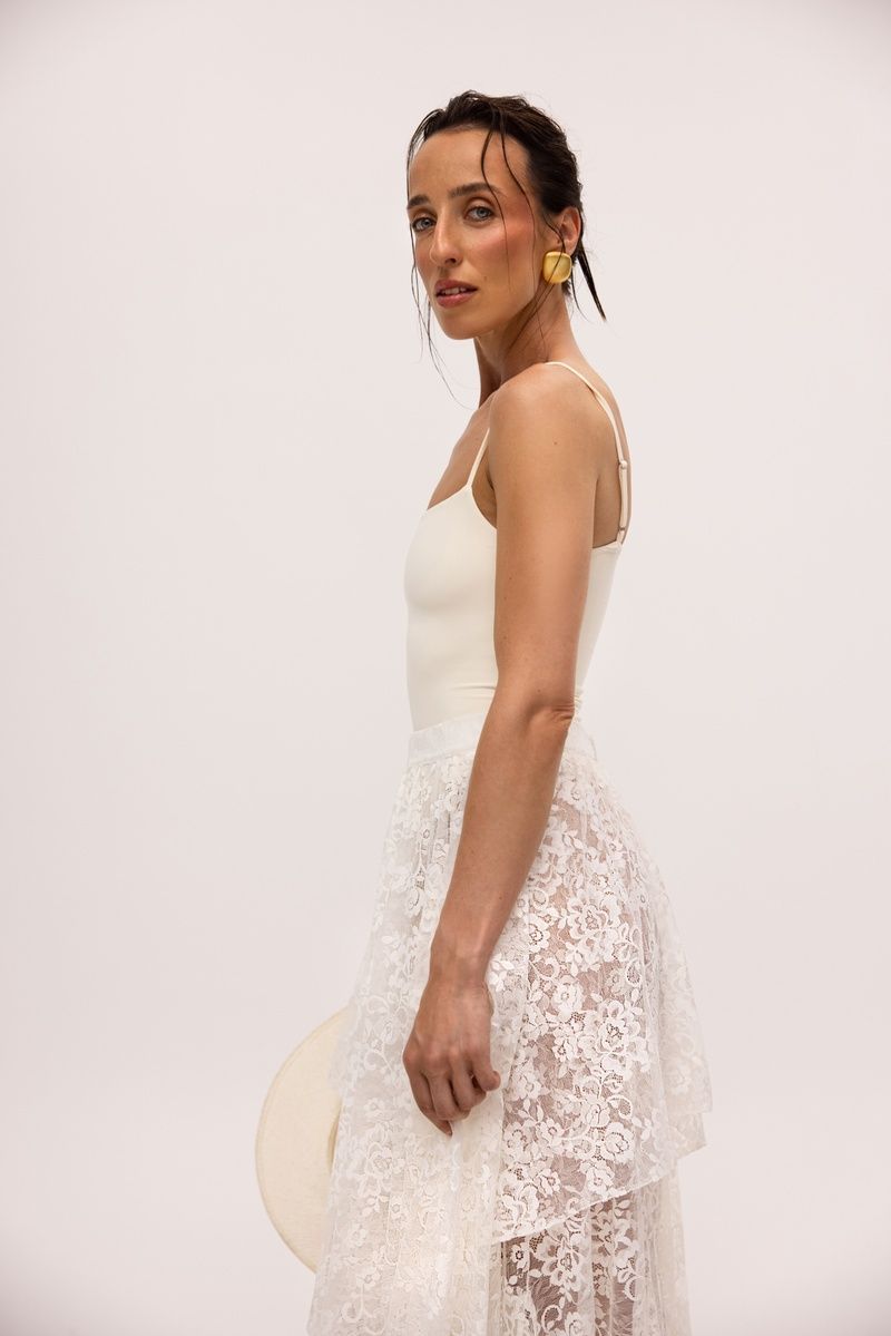 ADARA Asymmetric Maxi Skirt with Cream Lace, S-M