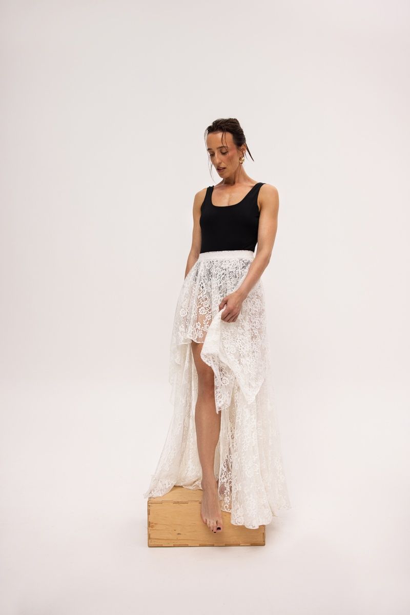ADARA Asymmetric Maxi Skirt with Cream Lace, S-M