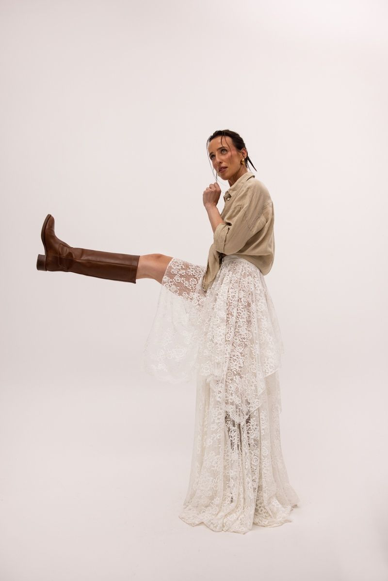 ADARA Asymmetric Maxi Skirt with Cream Lace, S-M