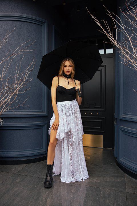 ADARA Asymmetric Maxi Skirt in White Lace, S-M