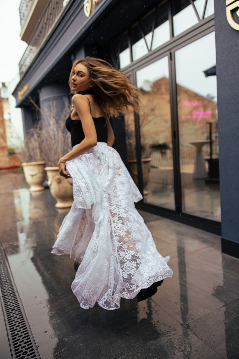 ADARA Asymmetric Maxi Skirt in White Lace, S-M